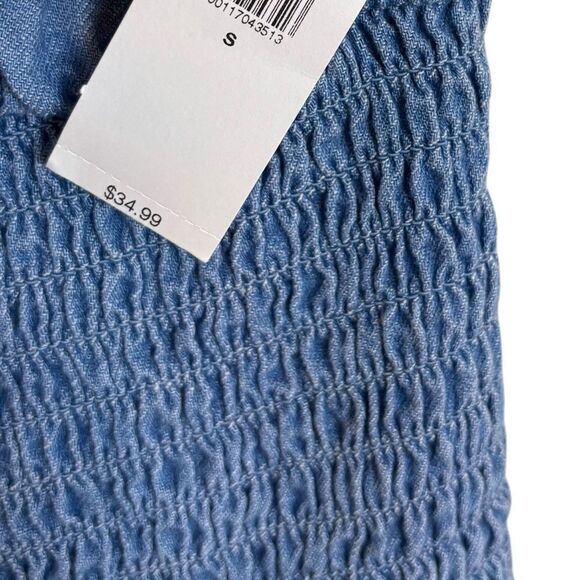 Old Navy Waist Defined Smocked Top 100% Cotton Chambray Blue Size Small NEW - Picture 7 of 11